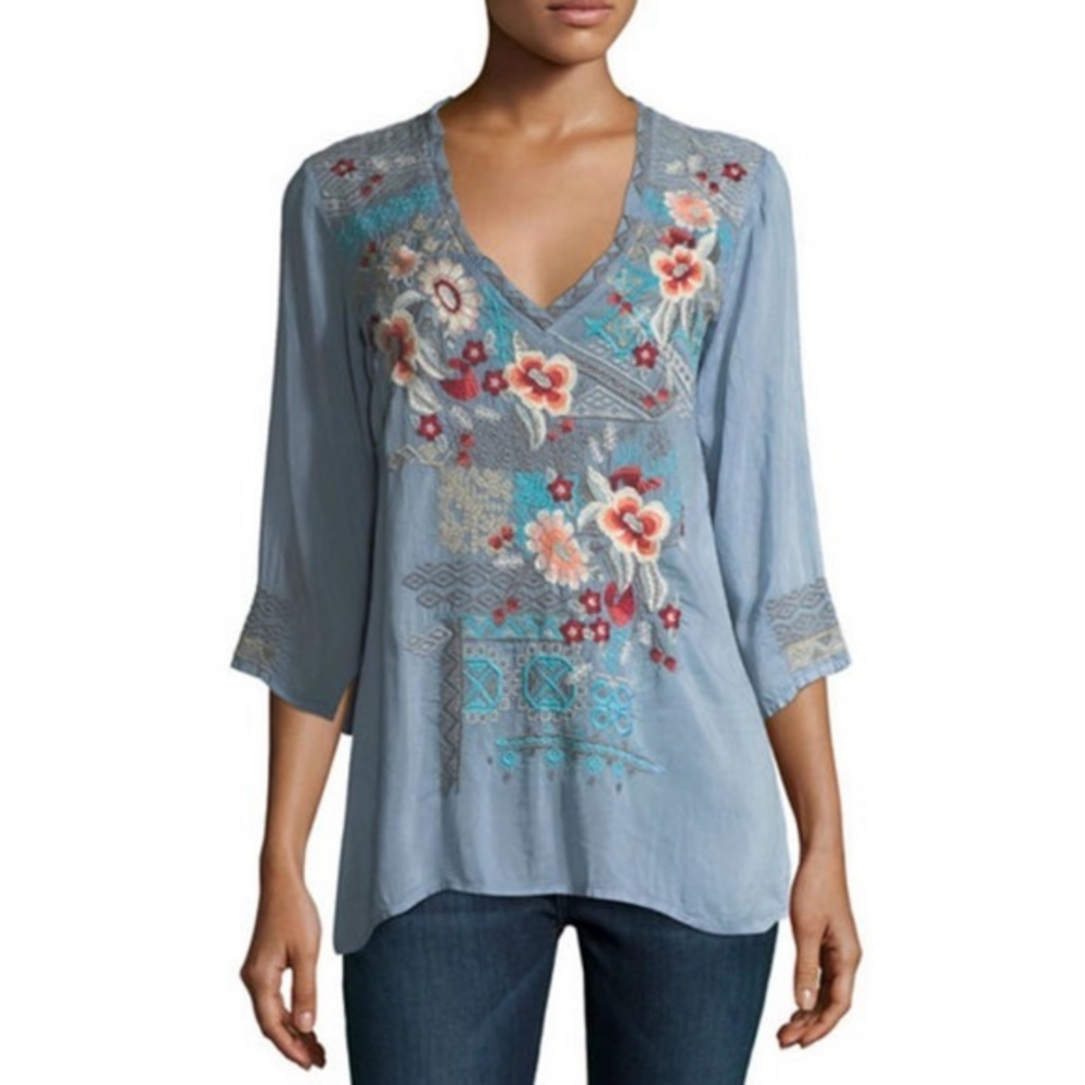 Johnny Was Freyja Rayon Floral Embroidered 3/4 Sleeve‎ Blouse Shirt Small
